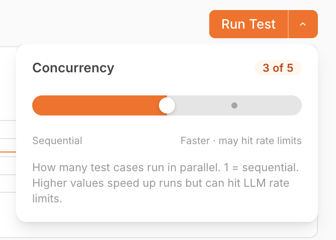 Run Test 拆分按钮，并发弹出层打开且滑块位于 5 个并行测试用例中的第 3 个
