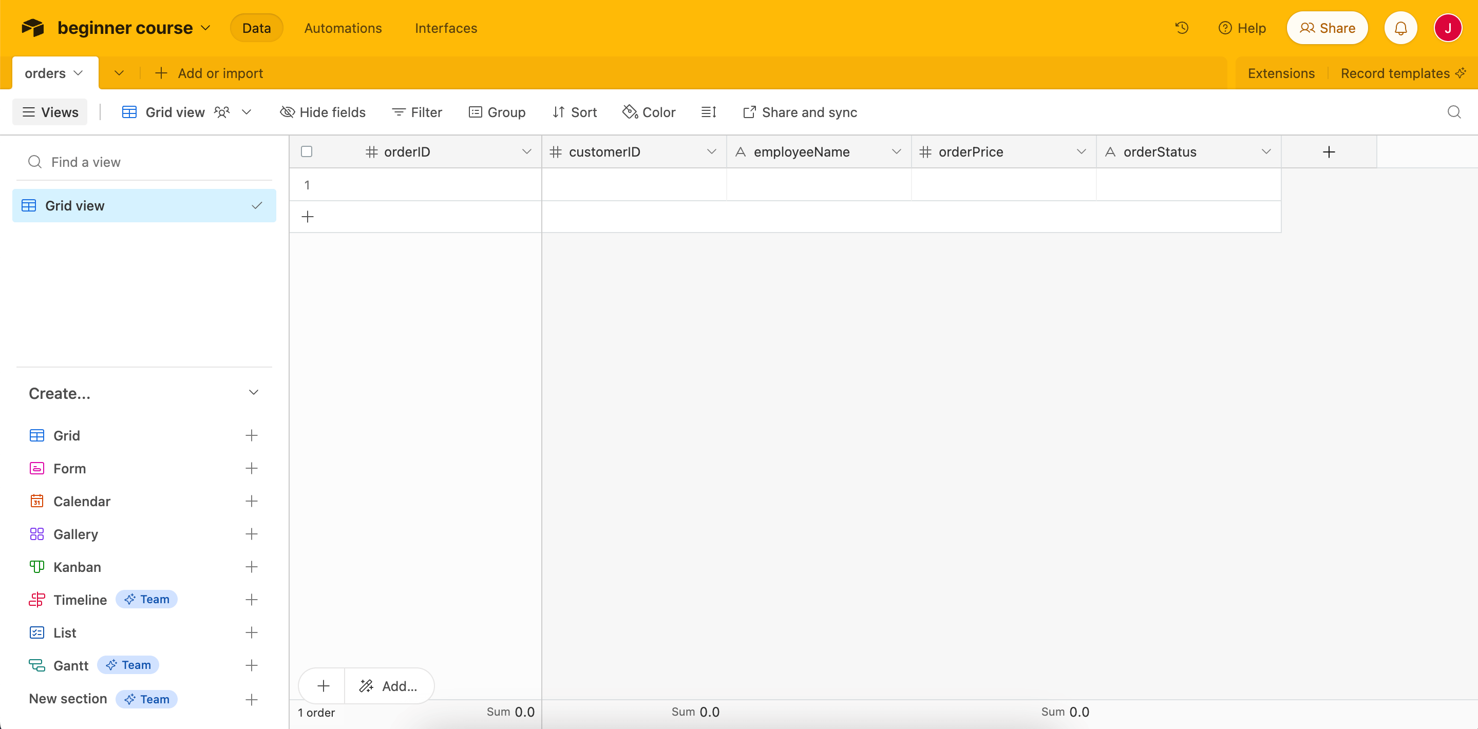 Airtable 中的订单表格