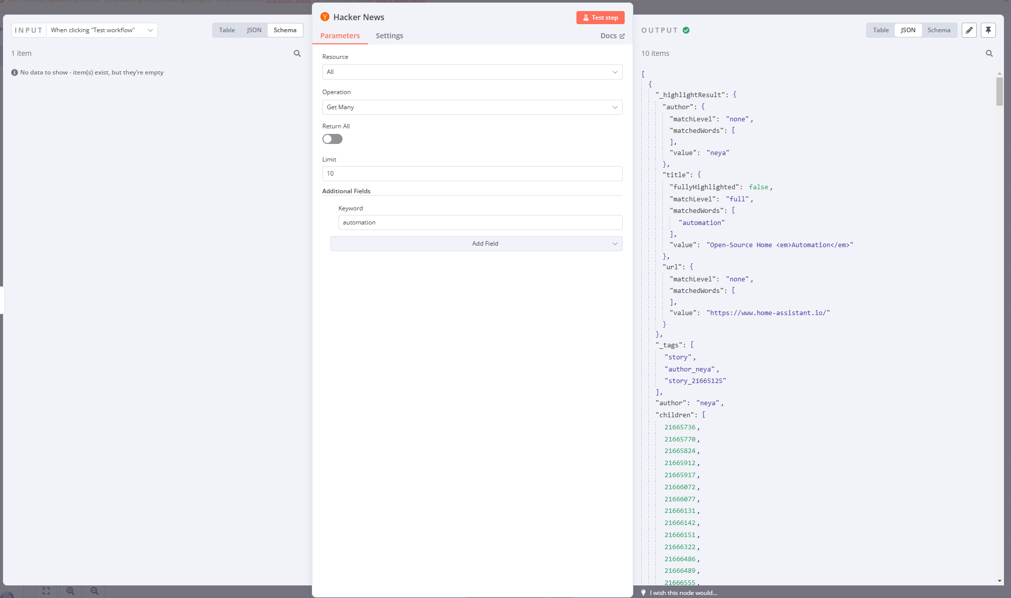 Hacker News 节点的 JSON 视图结果