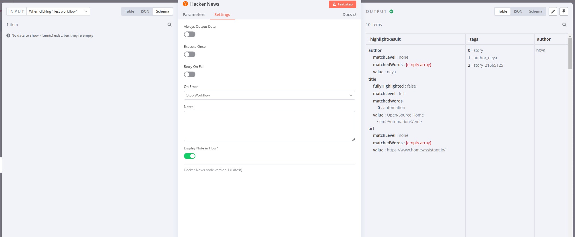 Hacker News 节点的表格视图结果