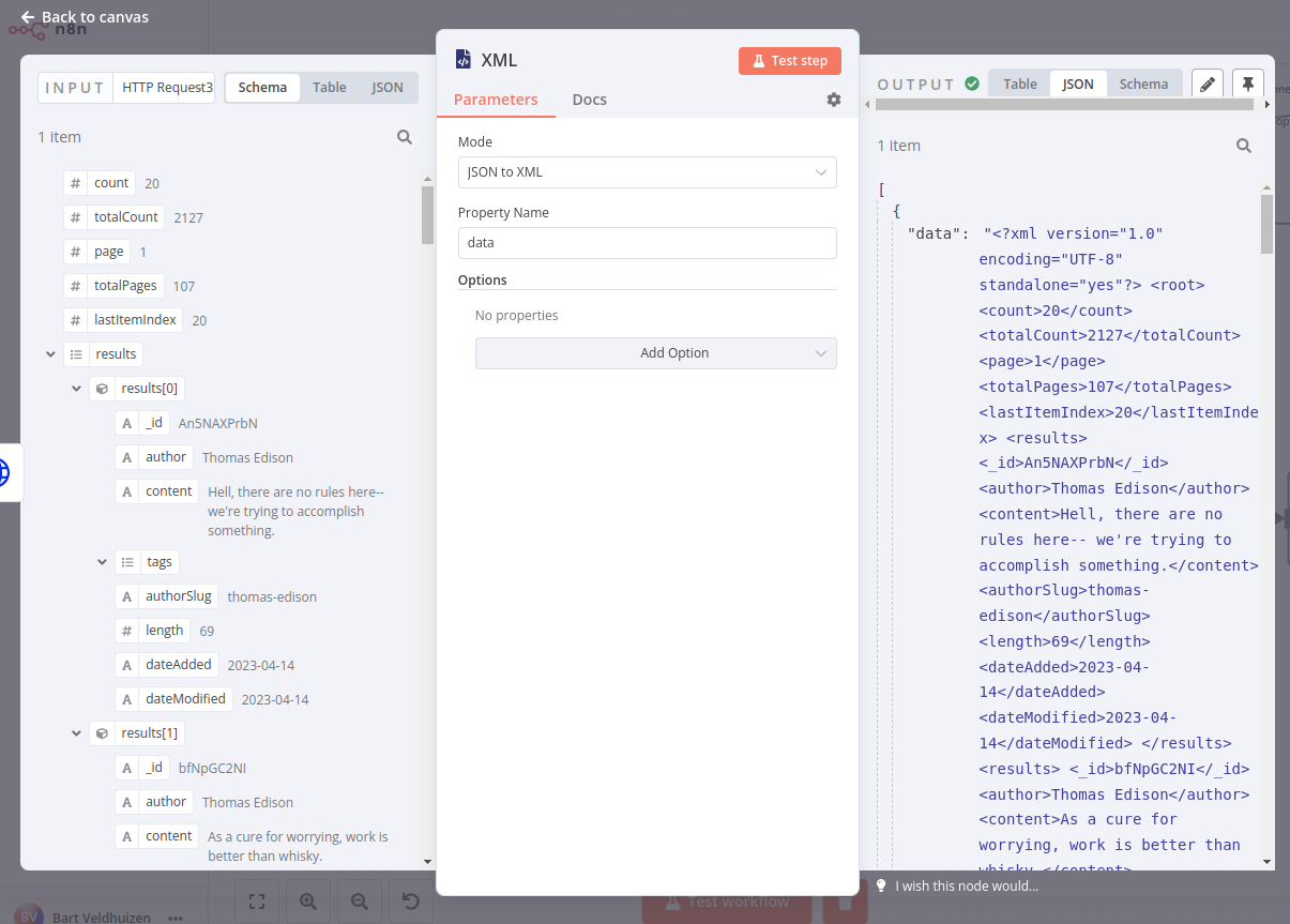 XML 节点的表格视图（JSON 到 XML）