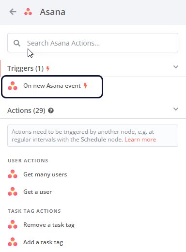 Asana 节点操作列表的屏幕截图，显示列表顶部的推荐部分